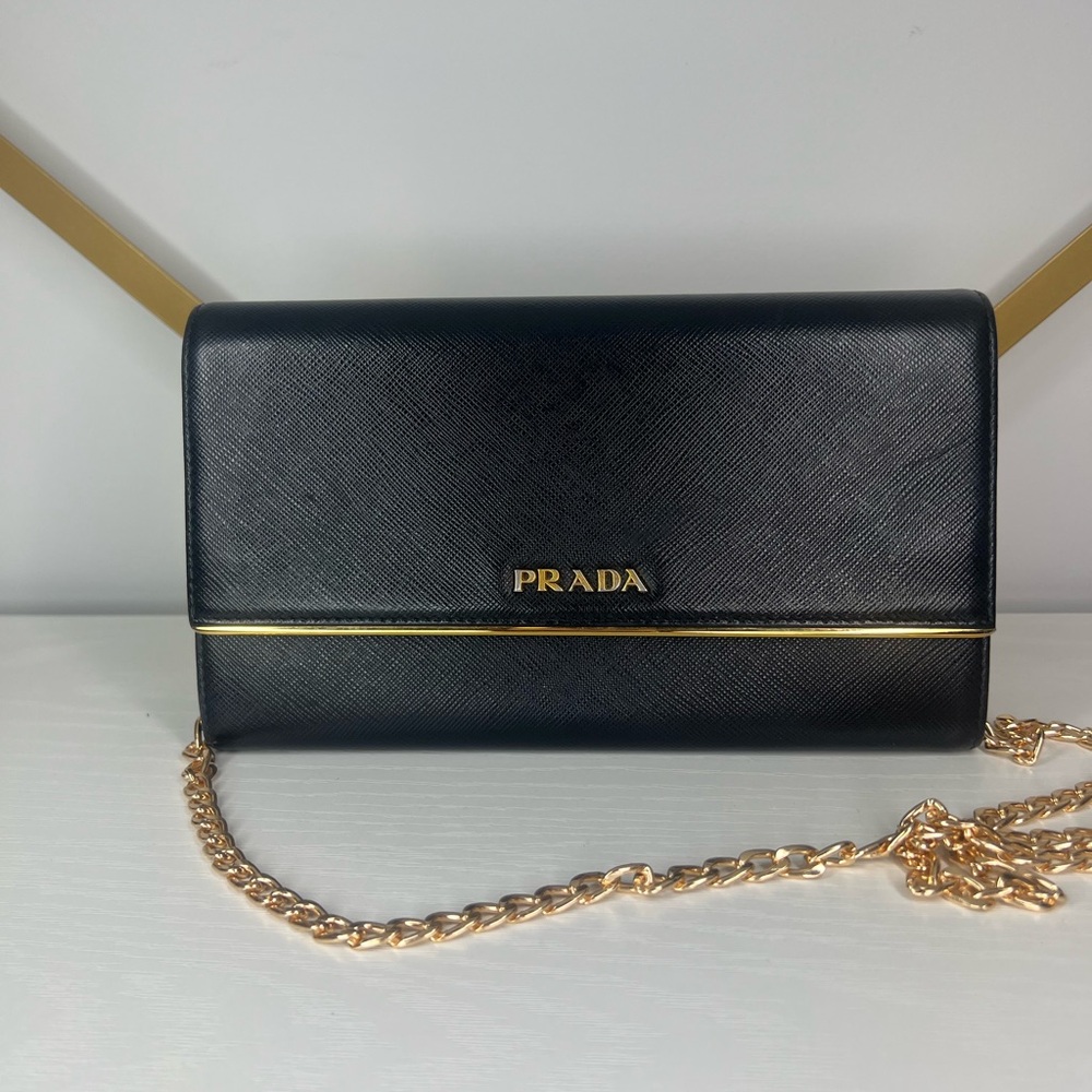 Prada Saffiano Leather Continental Wallet with Chain | 100% authentic